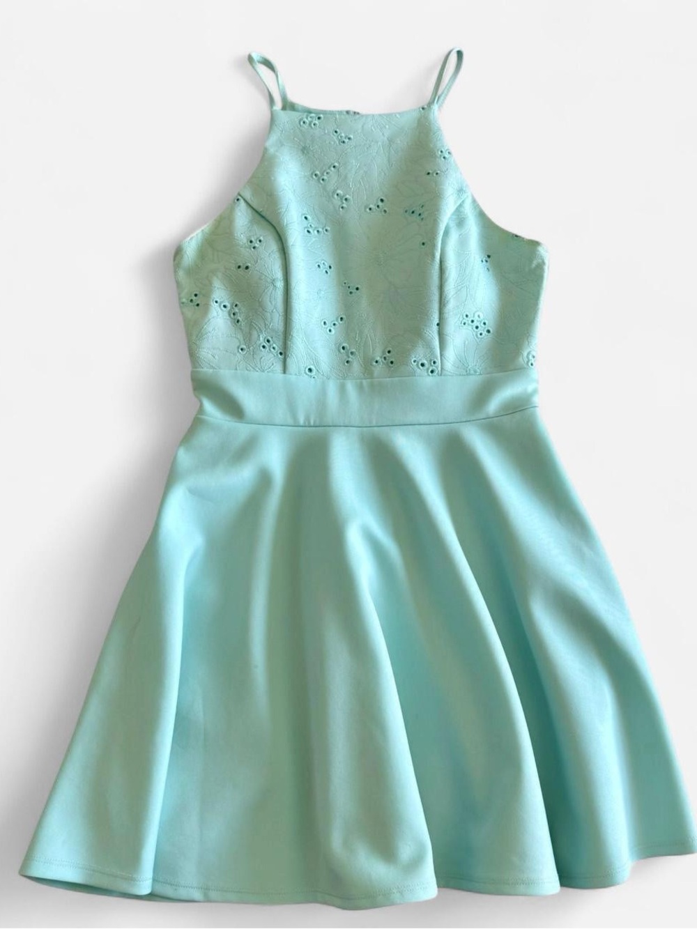 Francesca’s Light Blue Fit and Flare Floral Eyelet Halter Neck Mini Dress S